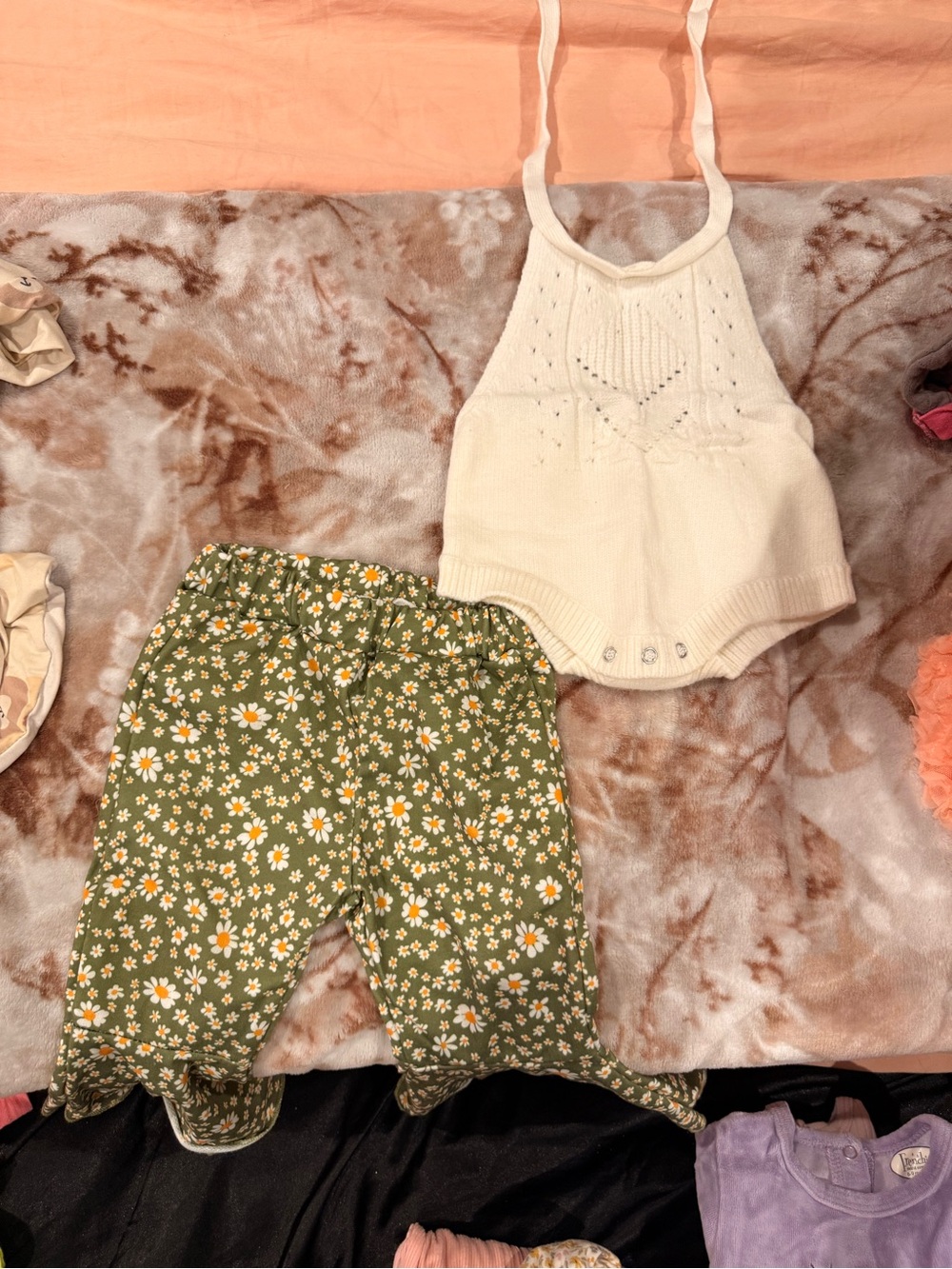 SHEIN Cream Knit Halter Romper and Olive Daisy Print Pants Set